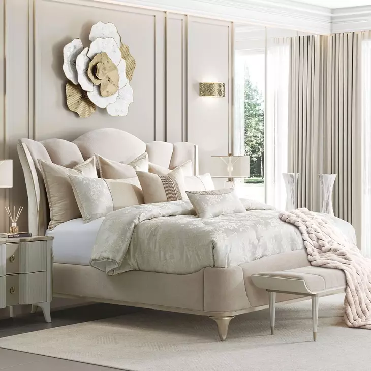 La Marisia Tranquil and Champagne Gold Queen Upholstered Bed with USB Charging