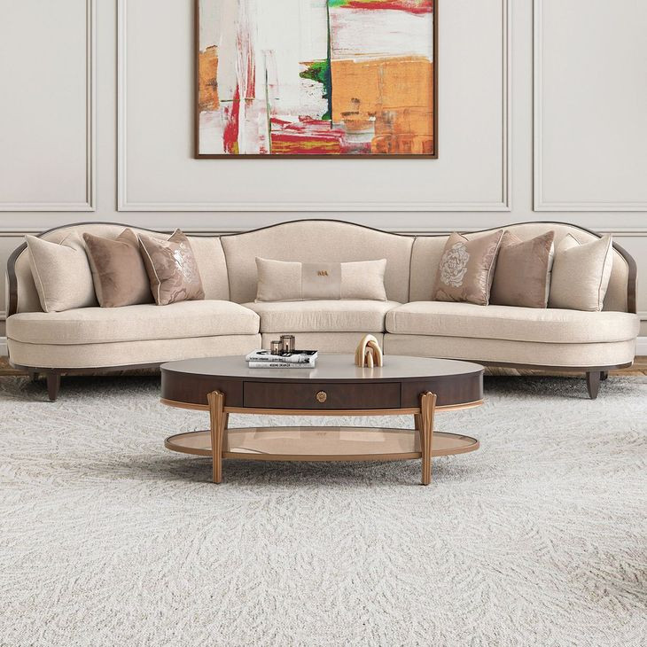 Camellia Field Linen And Warm Pecan 3 Piece Chenille 160" Sofa