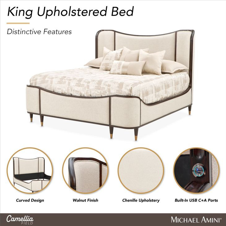 Camellia Field Warm Pecan King Upholstered Bed with USB Charging