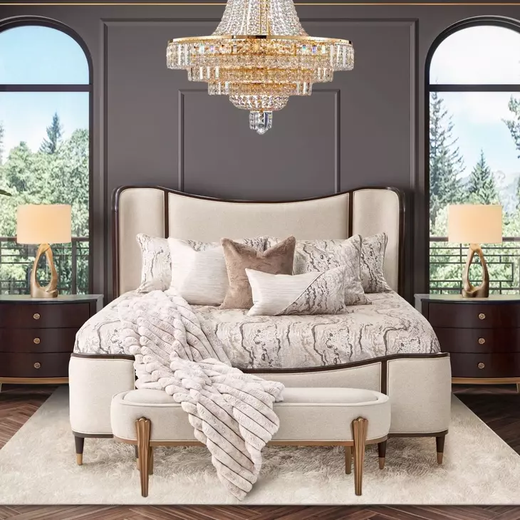 Camellia Field Warm Pecan King Upholstered Bed with USB Charging
