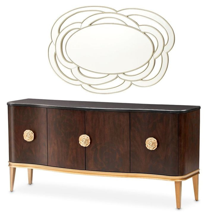 Camellia Field Warm Pecan 4 Door Sideboard with Mirror