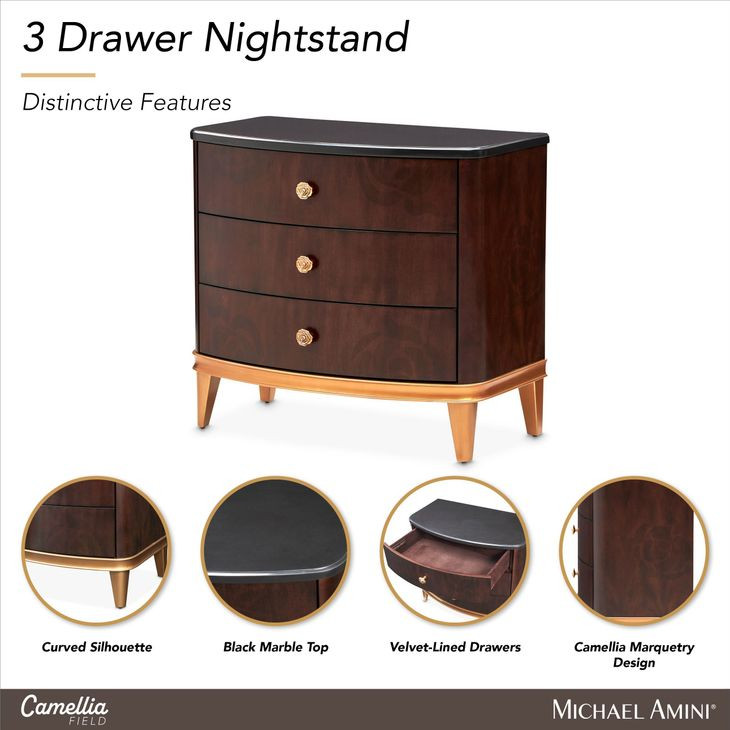 Camellia Field Warm Pecan 3 Drawer Nightstand