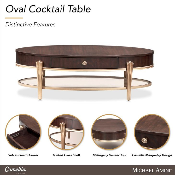 Camellia Field Warm Pecan Oval Cocktail Table