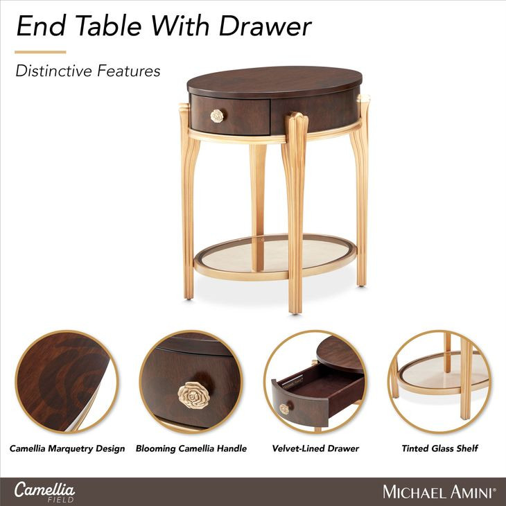 Camellia Field Warm Pecan Oval End Table with 1 Storage Drawer