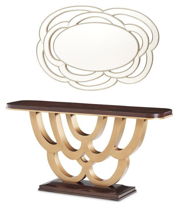 Camellia Field Warm Pecan Rectangular Console Table with Mirror