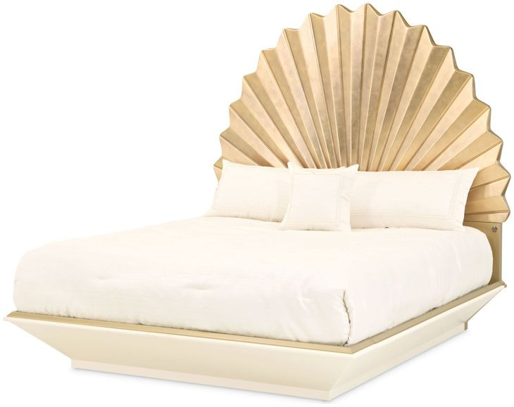 Fantosini Creamy Pearl and Gold Leaf King Fan Platform Bed with USB Charging