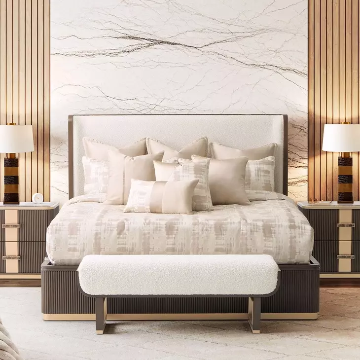 West Kensington Buff and Medium Espresso King Upholstered Platform Bed with USB Charging