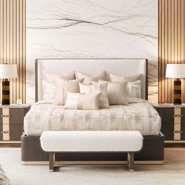 Westminster Row Buff and Medium Espresso King Upholstered Platform Bed with USB Charging