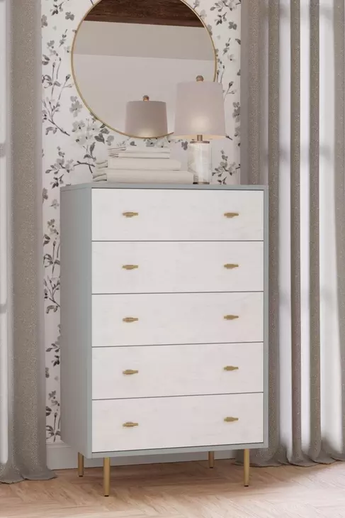 Saige Weathered White and Gray 5 Drawer Chest