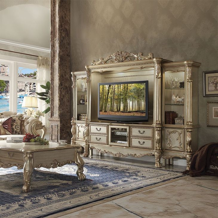 Dresden Gold Patina and Bone 121" Entertainment Center with LED