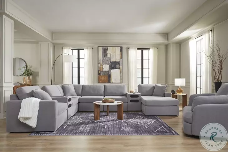 Modmax Granite 8-Piece Performance Fabric Modular Sectional with RAF Chaise and Audio Consoles