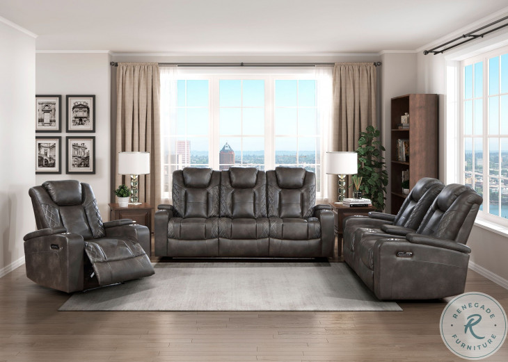 Tabor Brownish Gray Double Power Reclining Sofa With Power Headrest And