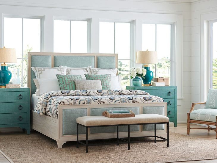 Crystal Cove Green and Gray Upholstered Queen Panel Bed