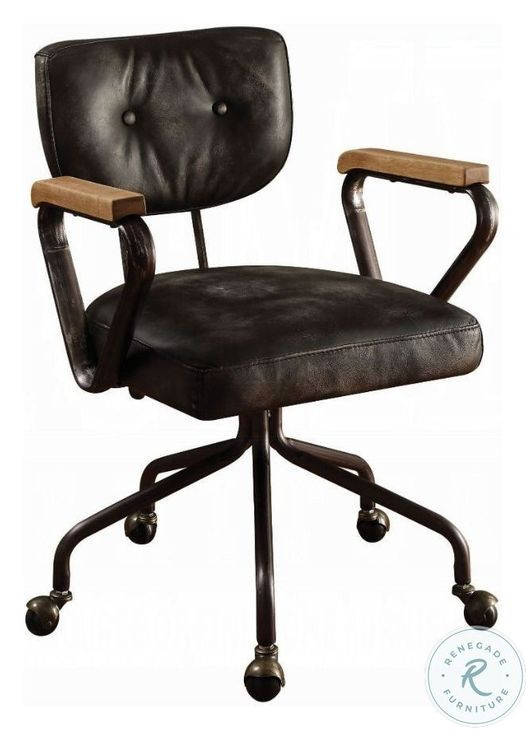 Hallie Vintage Black Top Grain Leather Swivel Office Chair with
