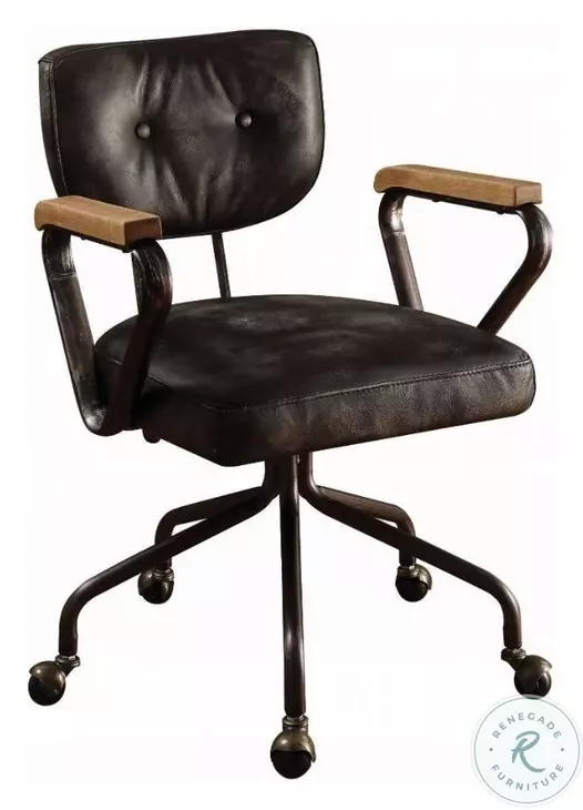 Hallie Vintage Black Top Grain Leather Swivel Office Chair with
