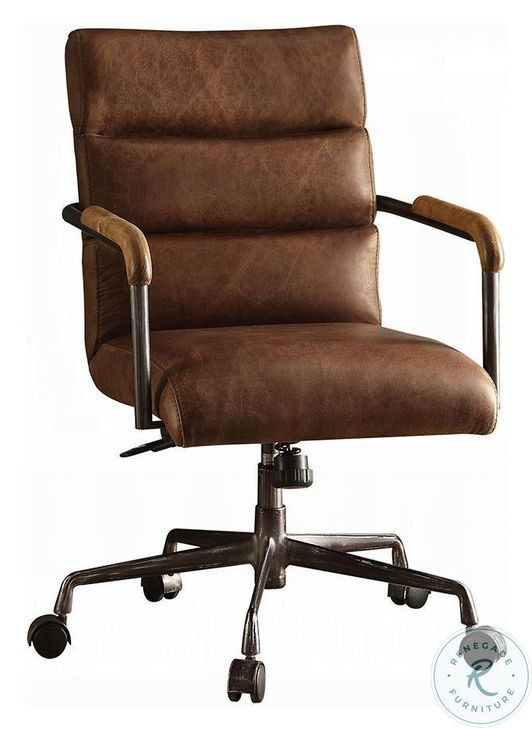 Harith Retro Brown Top Grain Leather Swivel Office Chair