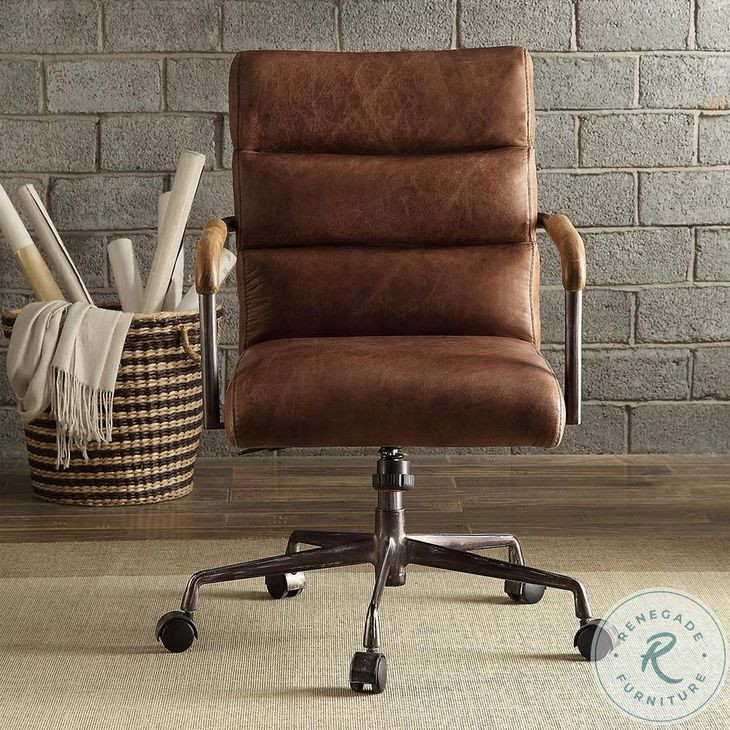 Harith Retro Brown Top Grain Leather Swivel Office Chair