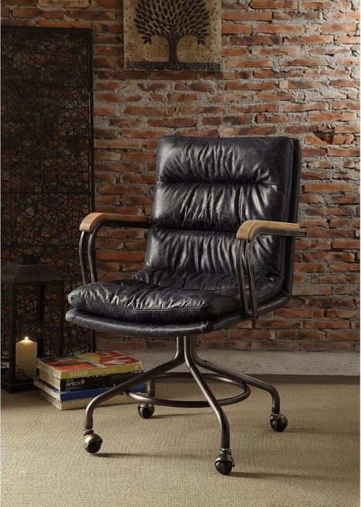 Harith Vintage Blue Leather Upholstered Swivel Office Chair
