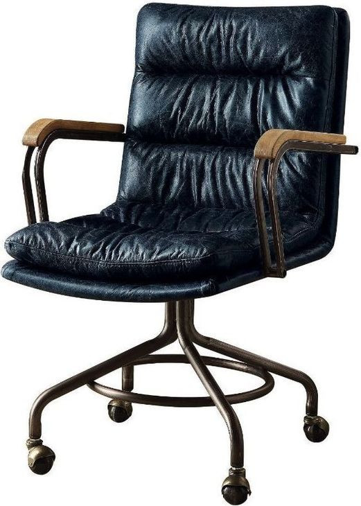 Harith Vintage Blue Leather Upholstered Swivel Office Chair