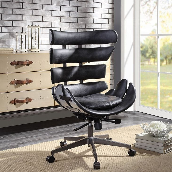 Megan Vintage Black Leather Upholstered Swivel Office Chair from