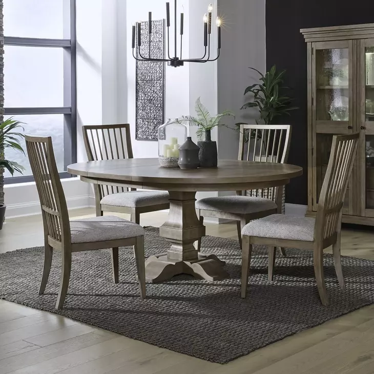 Hillcrest Camel Beige and Sand Upholstered 5 Piece Extendable Pedestal Base Dining Set