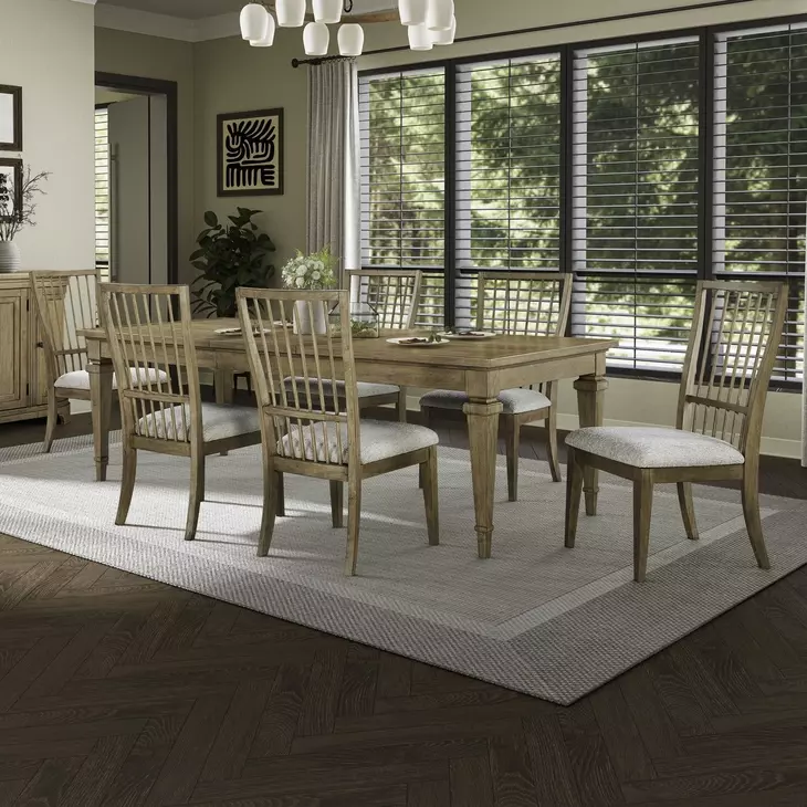 Hillcrest Camel Beige and Sand Upholstered 7 Piece Extendable Rectangular Dining Set