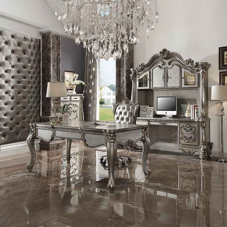 Versailles Silver Upholstered Executive Office Chair with Nailhead Trim