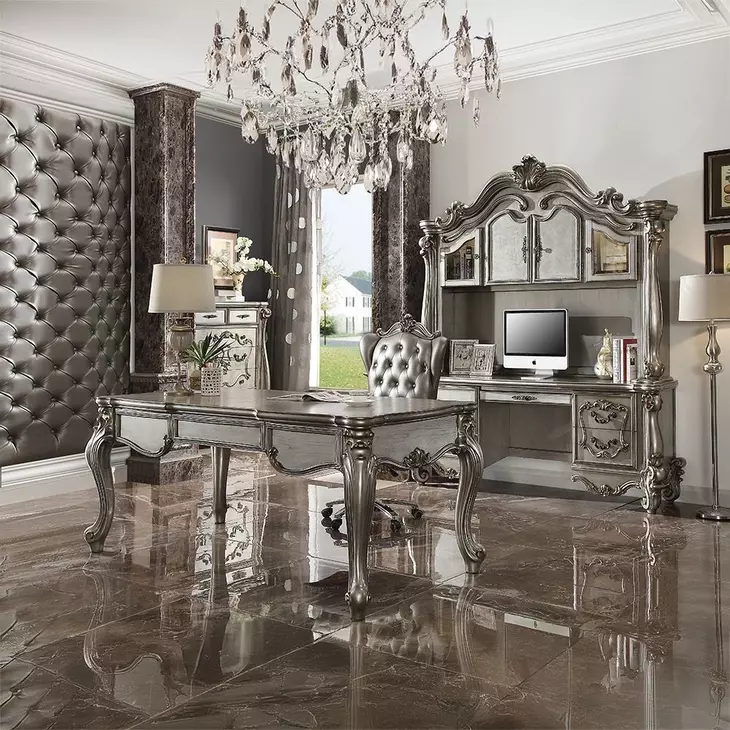 Versailles Antique Platinum 76" Executive Computer Desk with Hutch and LED