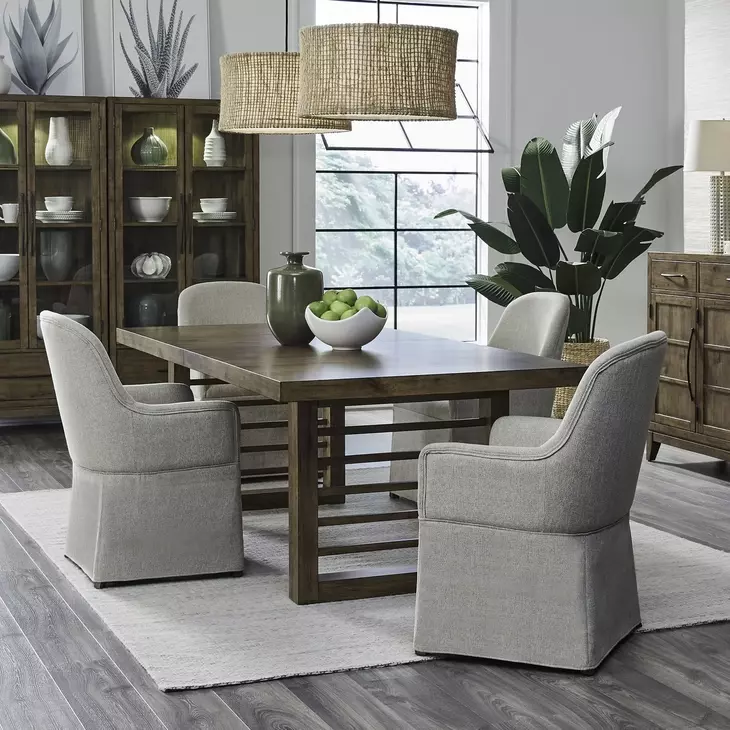 Lake House Harvest Brown and Textured Taupe Upholstered 5 Piece Extendable Double Pedestal Base Dining Set