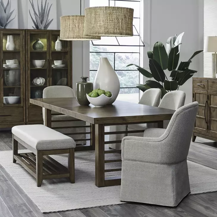 Lake House Harvest Brown and Textured Taupe Upholstered 6 Piece Extendable Double Pedestal Base Dining Set