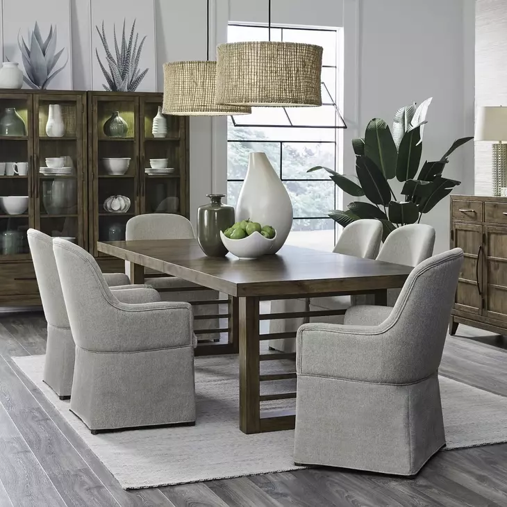 Lake House Harvest Brown and Textured Taupe Upholstered 7 Piece Extendable Double Pedestal Base Dining Set