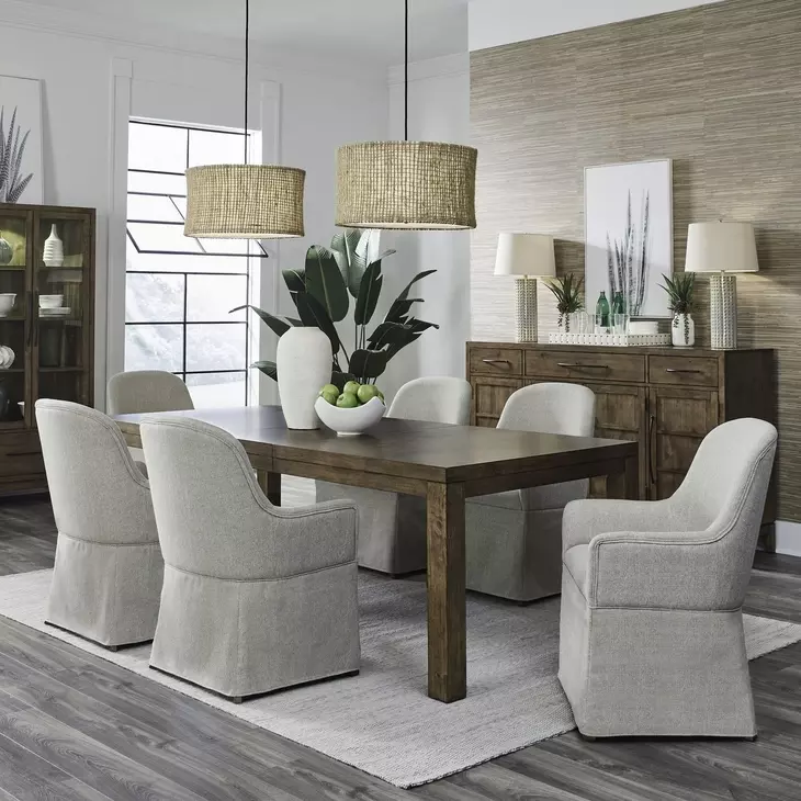 Lake House Harvest Brown and Textured Taupe Upholstered 7 Piece Extendable Rectangular Dining Set