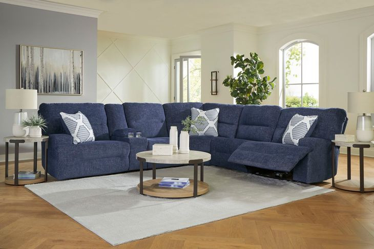 Acklen Place Navy Performance Fabric 6 Piece Modular Power Reclining Sectional with Pillows and USB Charging