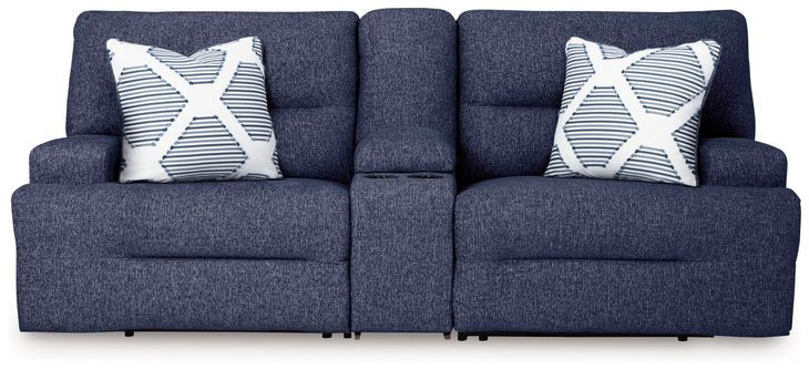 Acklen Place Navy Performance Fabric 3 Piece Modular Power Reclining Sectional with Console and USB Charging