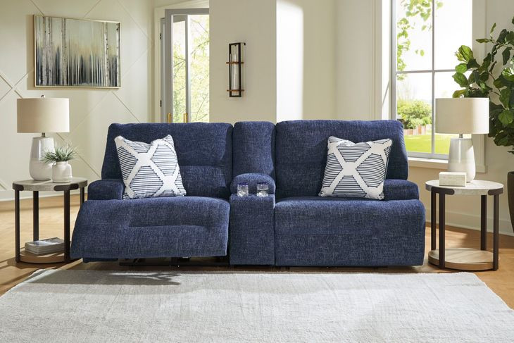 Acklen Place Navy Performance Fabric 3 Piece Modular Power Reclining Sectional with Console and USB Charging