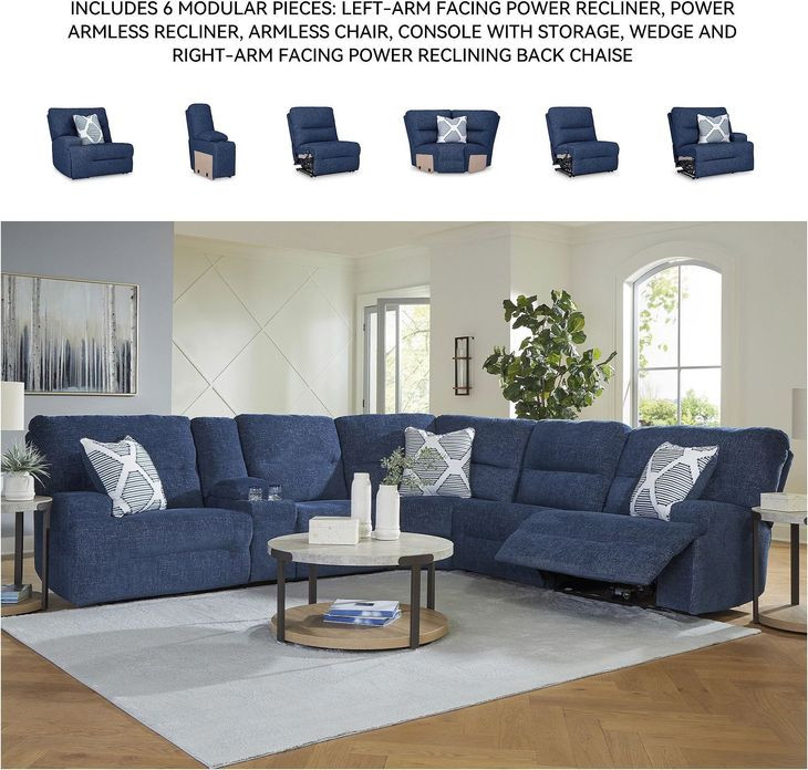 Acklen Place Navy Performance Fabric 6 Piece Modular Power Reclining Sectional with Pillows and USB Charging
