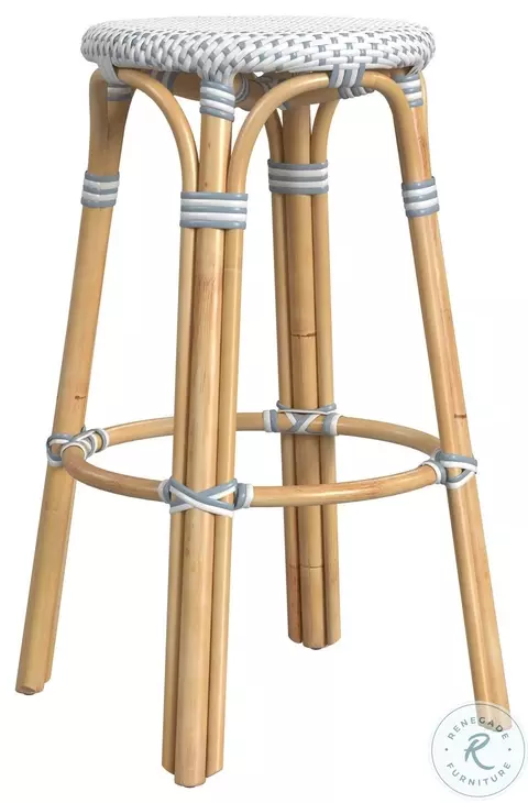 Tobias Powder Blue And White Rattan Performance Fabric Bar Stool