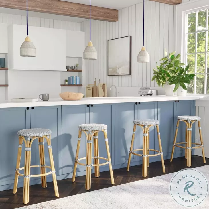Tobias Powder Blue And White Rattan Performance Fabric Bar Stool