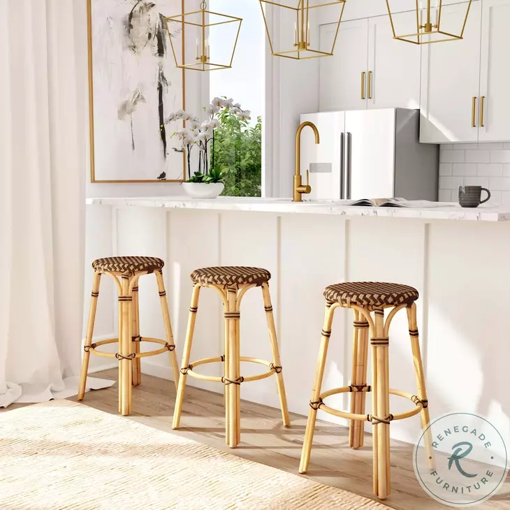 Tobias Brown Rattan Performance Fabric Bar Stool