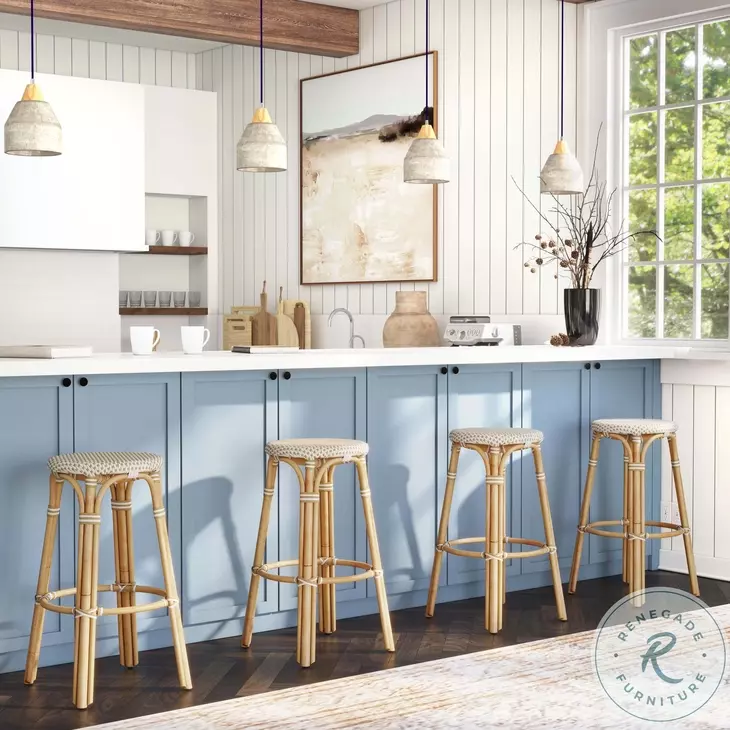 Tobias Tan and Beige Rattan Performance Fabric Bar Stool
