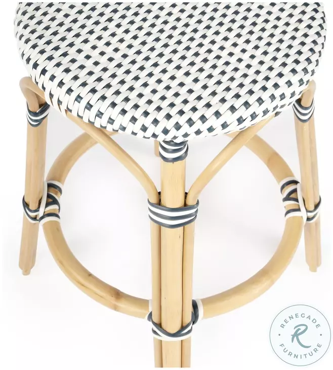 Tobias Navy And Cottage White Rattan Performance Fabric Counter Height Stool