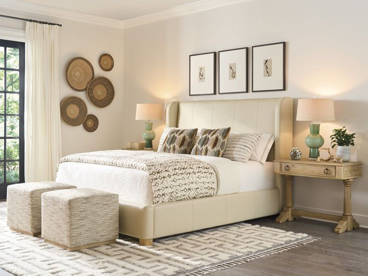 Summerland Beige Leather Upholstered King Panel Bed