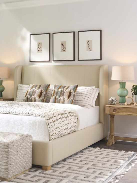 Summerland Beige Leather Upholstered King Panel Bed