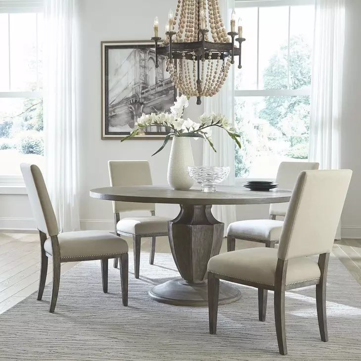 Westfield Havana Brown and Sand Upholstered 5 Piece Pedestal Base Dining Set with Nailhead Trim