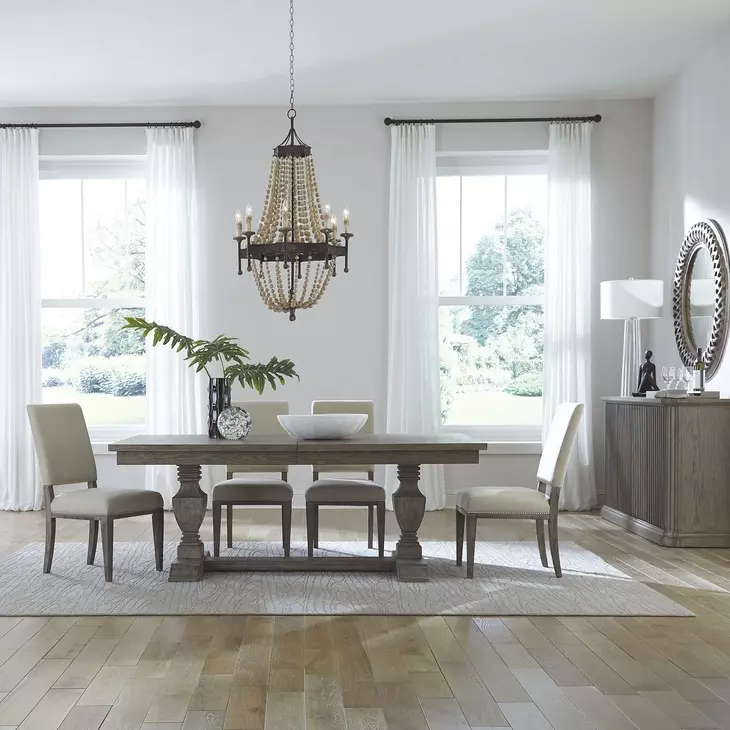 Westfield Havana Brown and Sand Upholstered 5 Piece Extendable Trestle Base Dining Set with Nailhead Trim