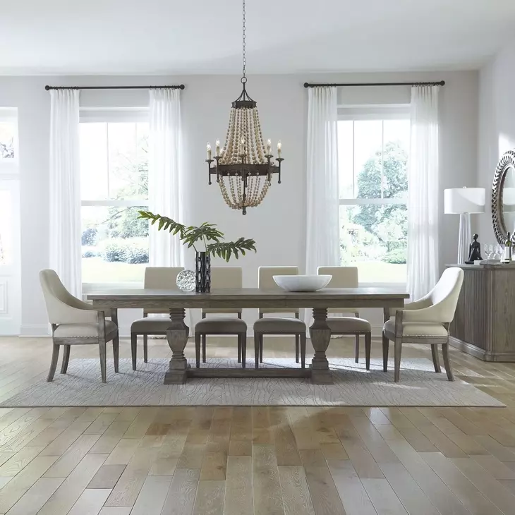 Westfield Havana Brown and Sand Upholstered 7 Piece Extendable Trestle Base Dining Set with Nailhead Trim