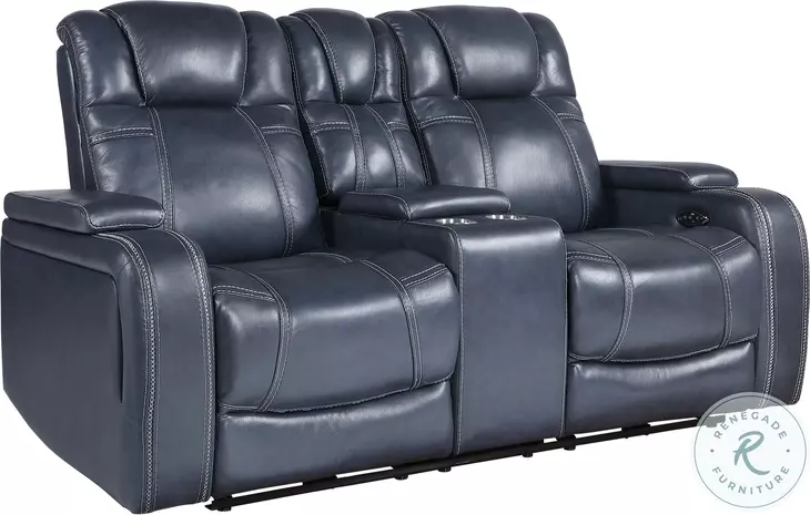 Keziah Blue Double Power Reclining Loveseat with Center Console