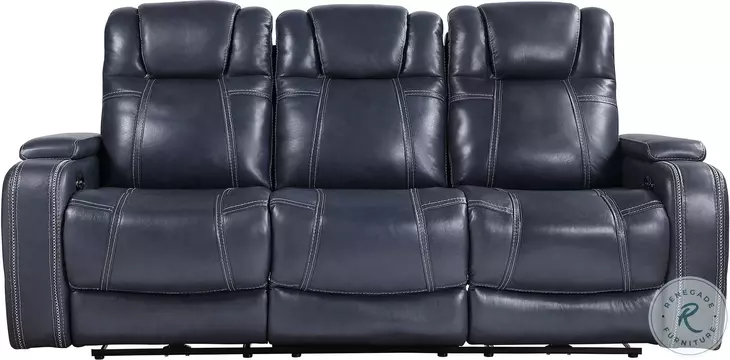 Keziah Blue Double 84" Power Reclining Sofa with Power Headrests And Storage Arms