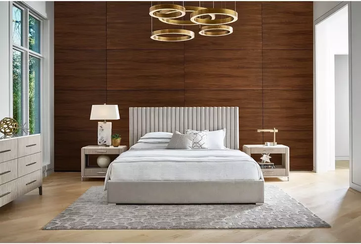 Evermont Beige Performance Fabric Upholstered Queen Decker Panel Bed