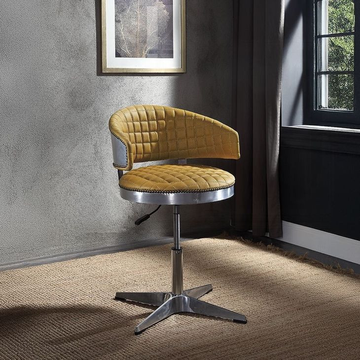 Brancaster Turmeric Leather Upholstered Swivel Adjustable Office Stool with Nailhead Trim